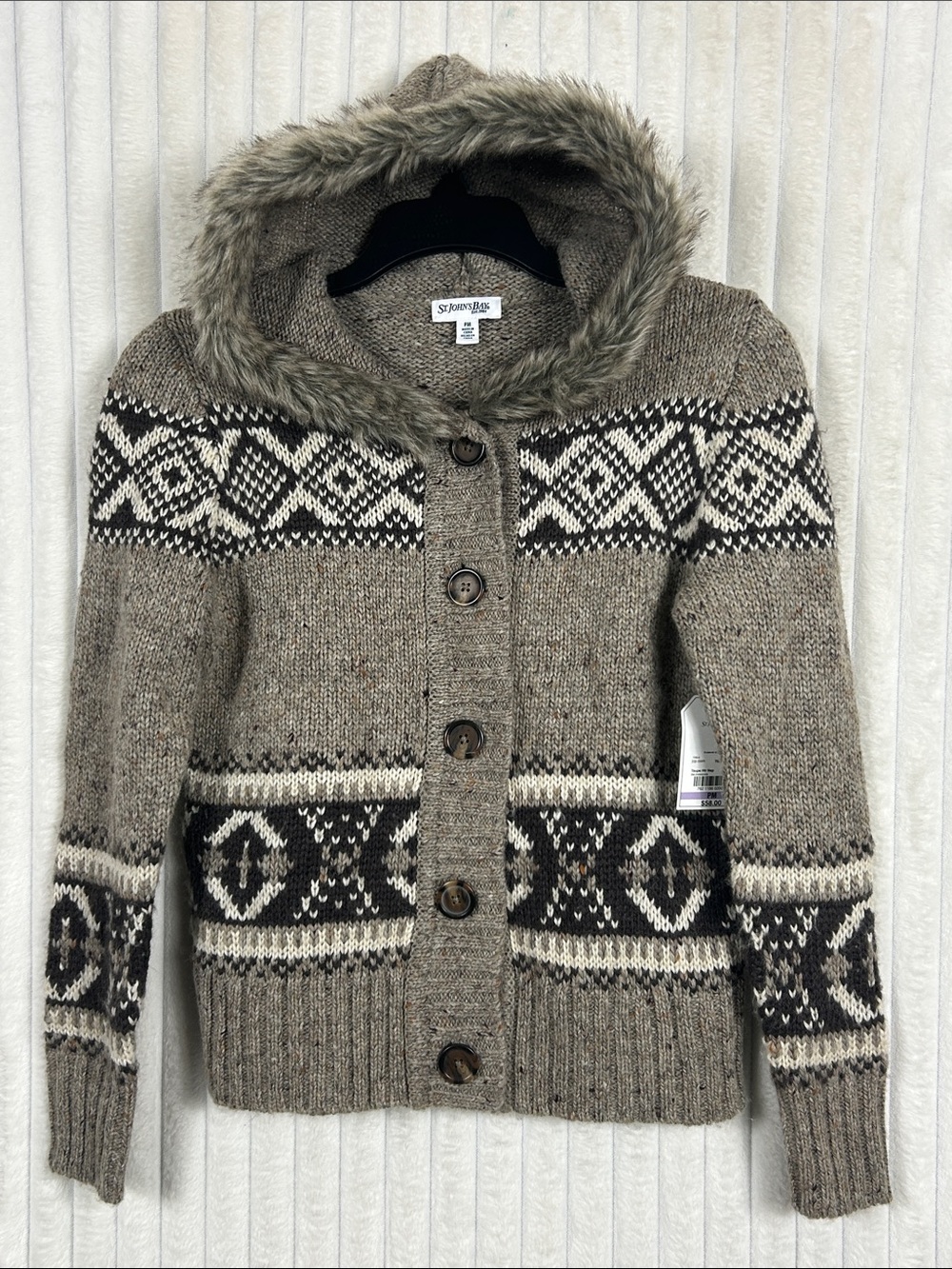 St. John's Bay Fair Isle faux fur trim Hooded Button-Up Cardigan sweater PM